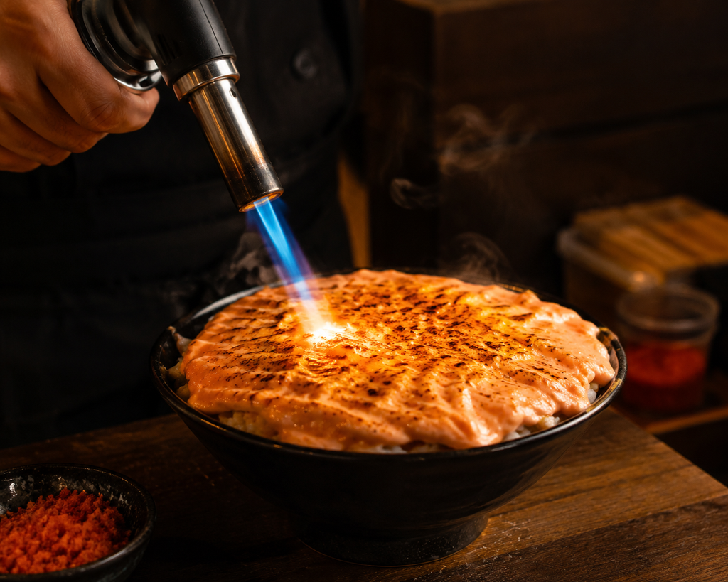 Proses membakar saus mentai menggunakan blow torch dapur hingga terkaramelisasi kecokelatan di atas nasi.