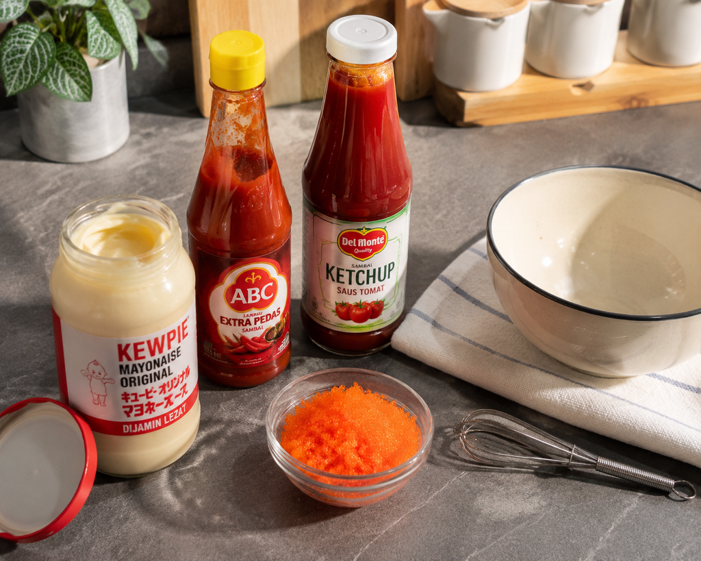 Bahan dasar adaptasi saus mentai lokal meliputi mayones, saus sambal, saus tomat, dan kecap asin di meja dapur.