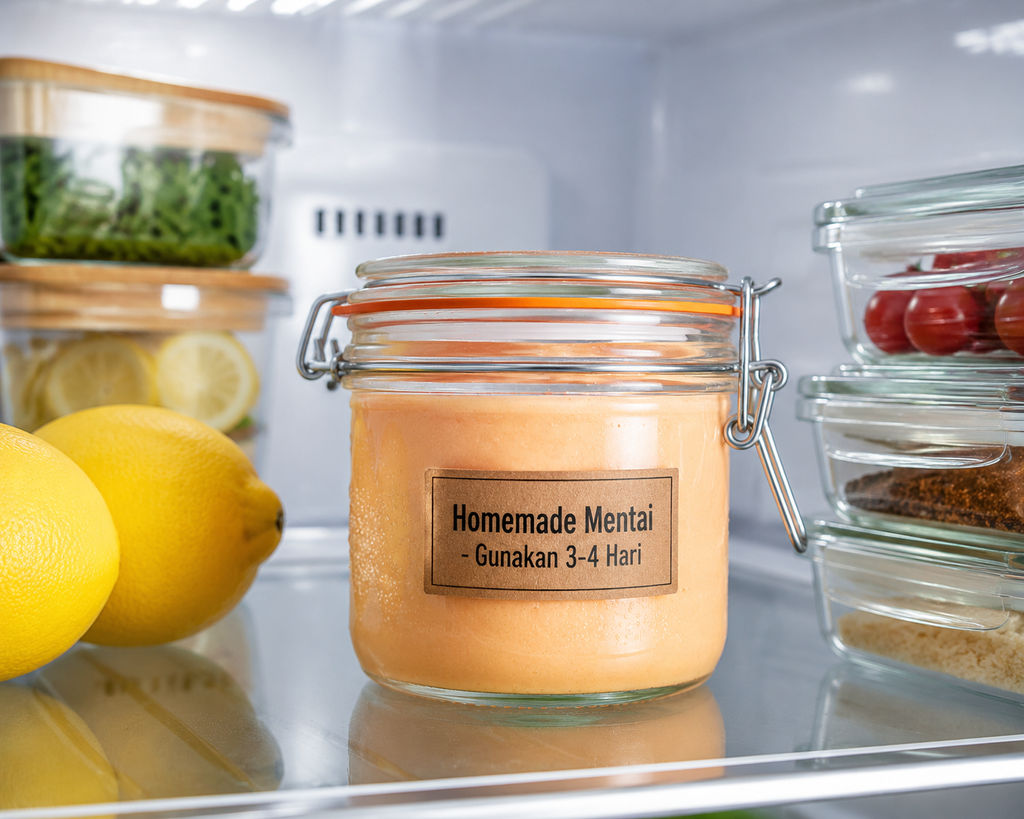 Toples kaca kedap udara berisi saus mentai homemade yang disimpan di dalam kulkas agar tahan 3-4 hari.