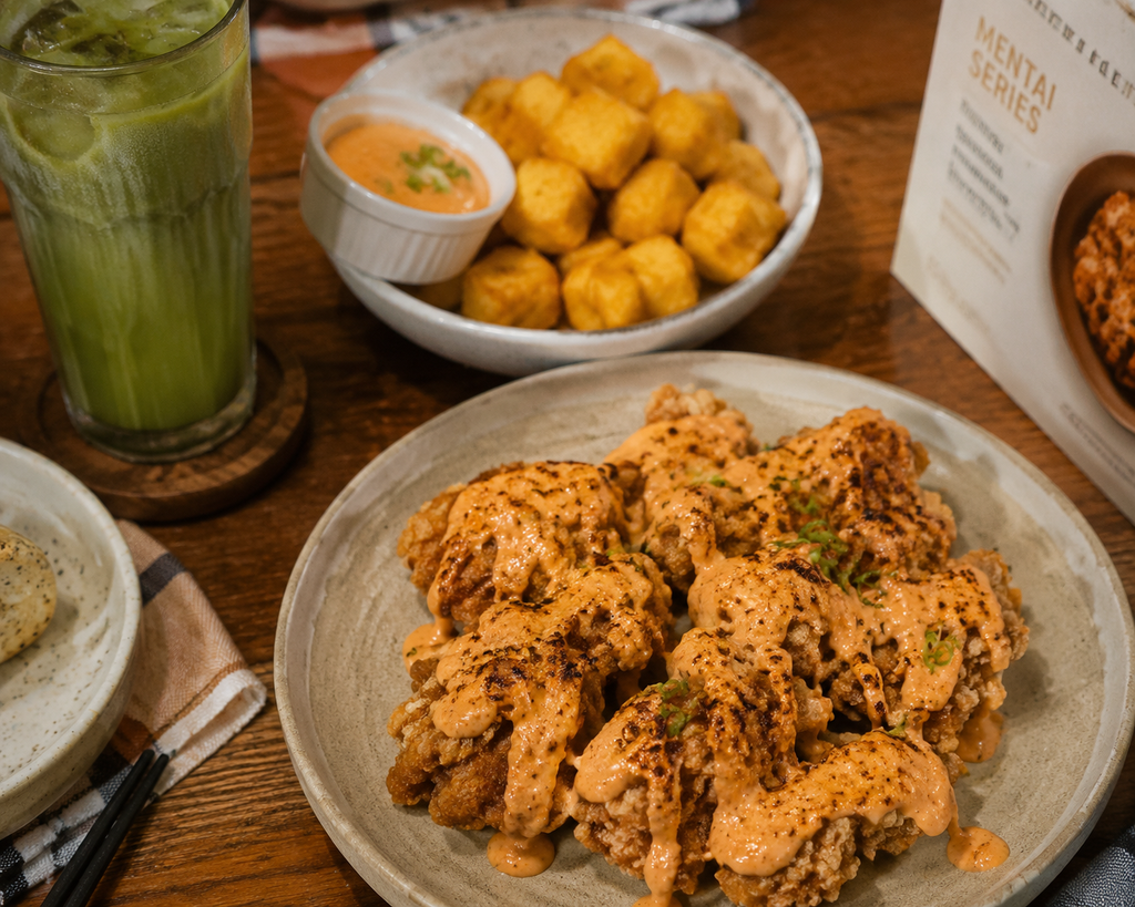 Ayam goreng krispi dan tahu goreng disajikan dengan siraman saus mentai bakar dan irisan daun bawang.