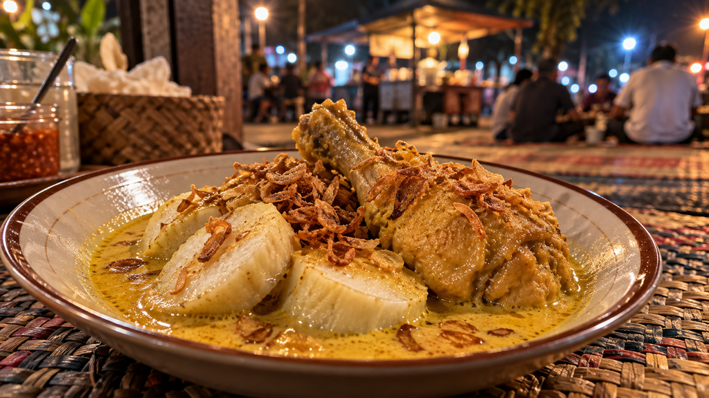 Sajian lontong lemprak berkuah opor kental berempah dengan paha ayam kampung di lesehan malam Kauman Pekalongan.