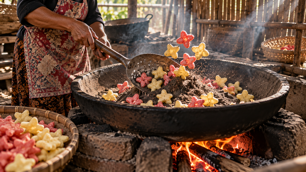 Pedagang tradisional menggoreng kerupuk usek tanpa minyak menggunakan wajan tanah liat dan pasir sungai panas.