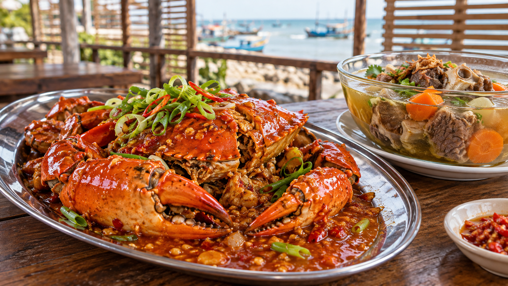 Sajian kepiting segar saus asam manis pedas khas pesisir Pekalongan Utara di atas meja makan santai.