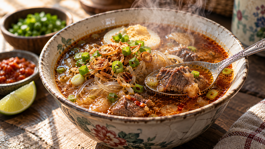 Semangkuk soto tauto daging sapi berkuah tauco cokelat kemerahan dengan taburan bihun goreng dan daun bawang.