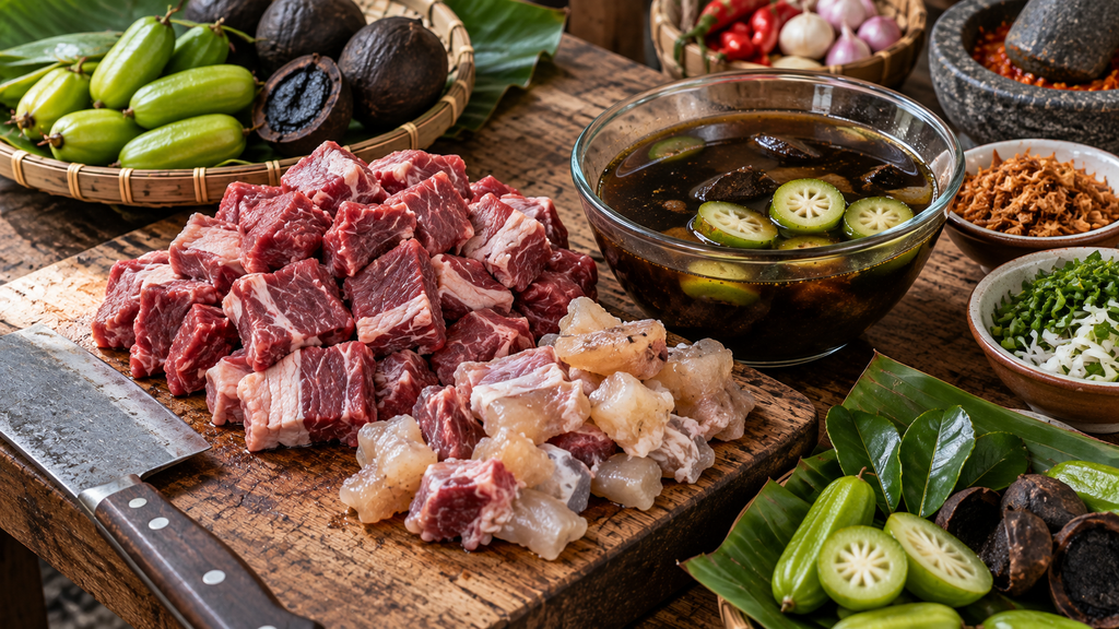 Perbandingan visual antara bahan tetelan sapi asli pindang tetel dan kuah kluwek tanpa santan di dapur tradisional.