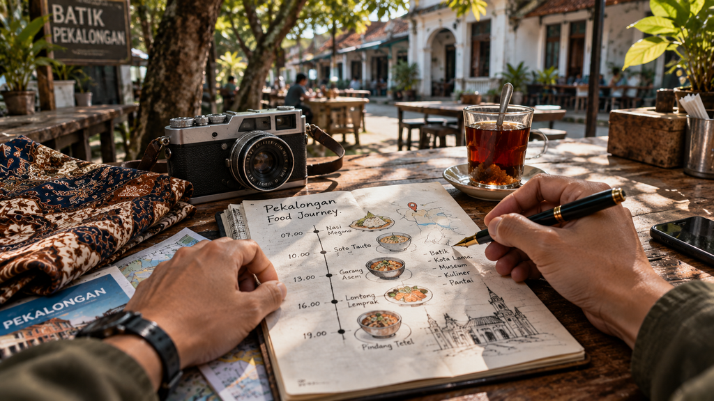 Wisatawan menyusun rencana rute kuliner dan sentra batik Pekalongan dengan catatan saku dan kamera analog.