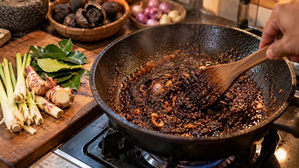 Menumis bumbu rempah kluwek, serai, dan lengkuas untuk memasak pindang tetel di dapur rumah tangga.