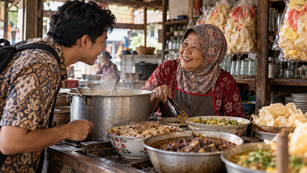 Pembeli sedang memesan pilihan isian soto tauto langsung di depan kuali besar pedagang warung.
