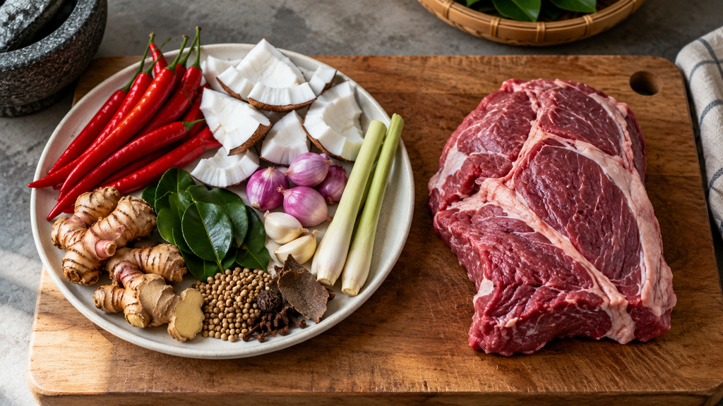 Potongan daging segar diletakkan bersebelahan dengan berbagai bumbu rempah tradisional yang digunakan untuk memasak rendang.