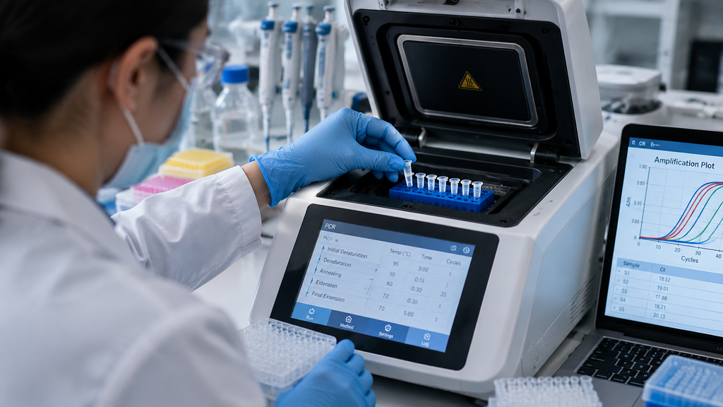 Seorang teknisi laboratorium sedang memasukkan sampel ke dalam mesin analisis genetik DNA untuk proses pemuliaan.