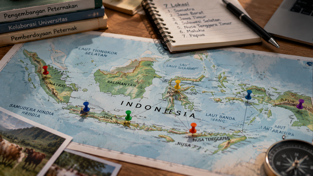 Peta cetak kepulauan Indonesia yang ditandai dengan pin di tujuh provinsi yang berkolaborasi dalam proyek peternakan.