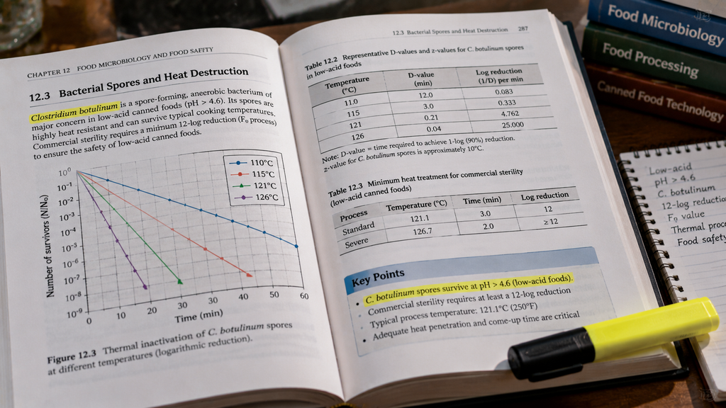 Buku akademik tentang mikrobiologi terbuka menunjukkan grafik yang menjelaskan batas aman suhu untuk mematikan bakteri.