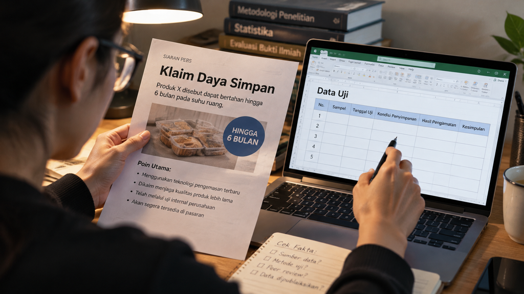 Seseorang memegang pena sambil membandingkan klaim pada dokumen rilis pers cetak dengan data di layar laptop.