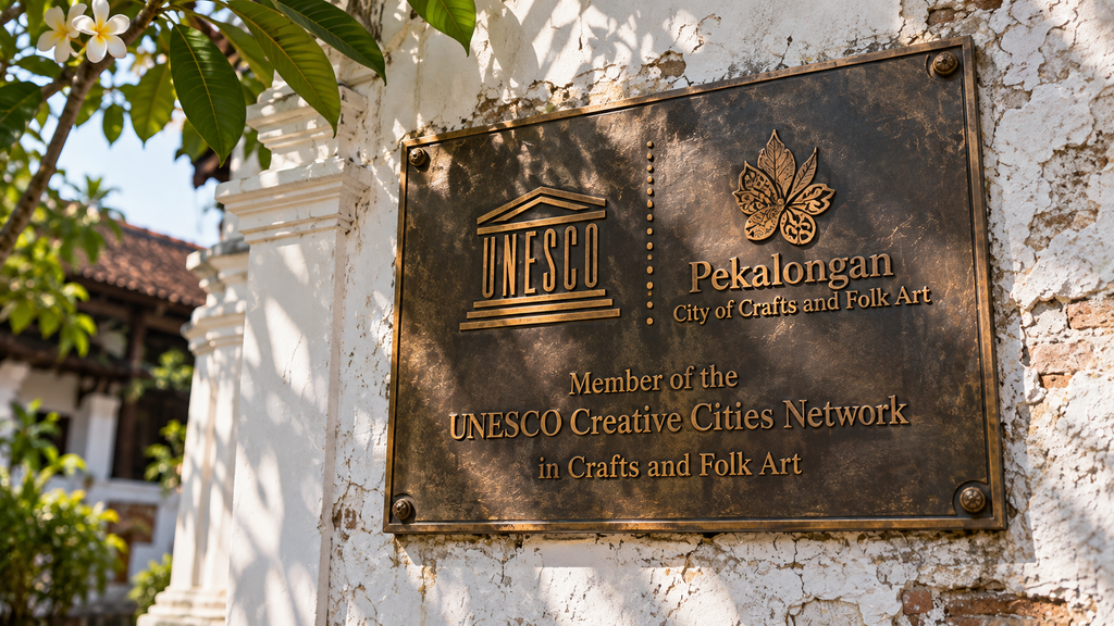 Plakat perunggu UNESCO Creative Cities Network Pekalongan terpasang di dinding bata bersejarah Museum Batik Pekalongan.