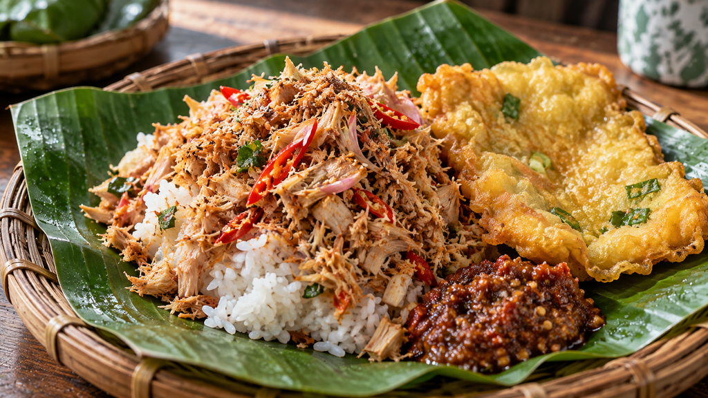 Seporsi nasi megono beralas daun pisang dengan lauk tempe mendoan hangat dan sambal terasi.