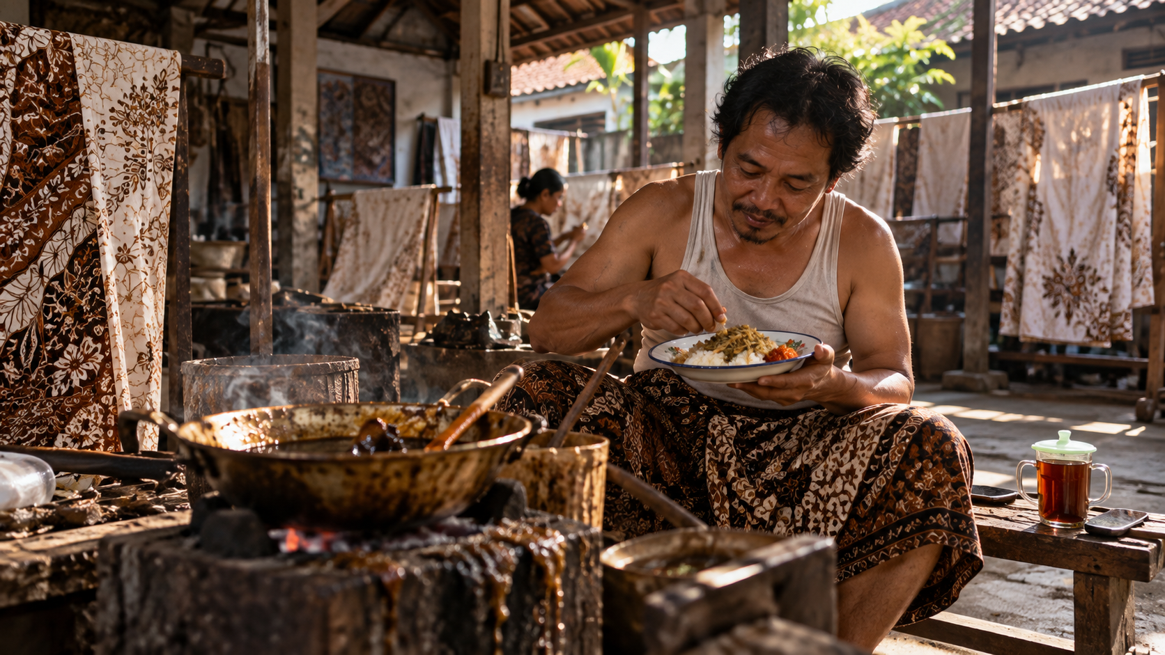 Pengrajin batik cap Pekalongan menikmati makan siang tradisional di samping canting dan wajan malam panas di bengkel kerja batik.